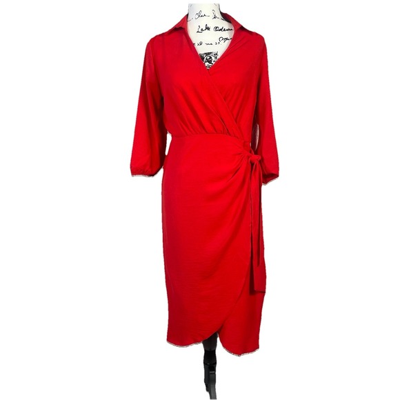 NWT Naif Red Faux Wrap Dress Midi Elastic Waist Tie Belt 3/4 SleeveSize M - Picture 1 of 8